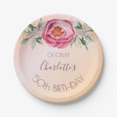 誕生日パーティー赤面ピンクローズ金ゴールドフローラ ペーパープレート (正面)