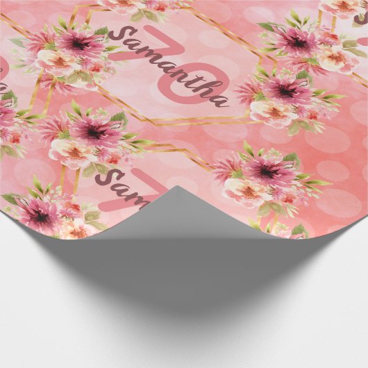 誕生日パーティー赤面ピンク花模様幾何学的 ラッピングペーパー (角)