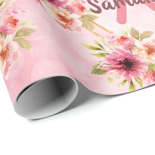 誕生日パーティー赤面ピンク花模様幾何学的 ラッピングペーパー (ロールコーナー)