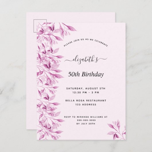 誕生日パーティー赤面ピンク花模様植物学モダン ポストカード (正面/裏面)