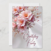 誕生日パーティー赤面ピンク薄紫花白シルク 招待状 (正面)