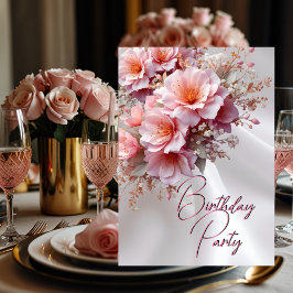 誕生日パーティー赤面ピンク薄紫花白シルク 招待状