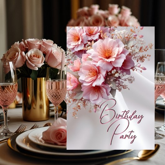 誕生日パーティー赤面ピンク薄紫花白シルク 招待状