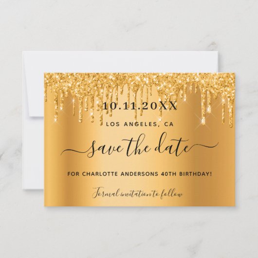 誕生日パーティー金ゴールドグリッターの乾燥日を保存 セーブザデート (正面)