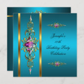 誕生日パーティー金ゴールドティール（緑がかった色）薄紫ピンクイメージ 招待状 (正面/裏面)
