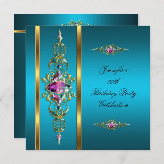 誕生日パーティー金ゴールドティール(緑がかった色)薄紫ピンクイメージ 招待状 (正面/裏面)