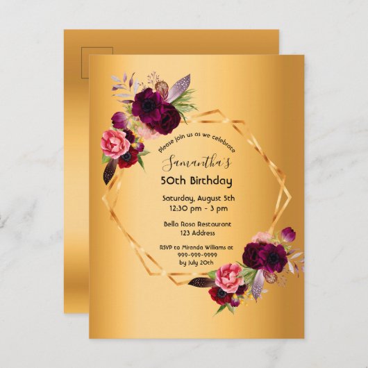 誕生日パーティー金ゴールドフローラの豪華な招待 ポストカード (正面/裏面)