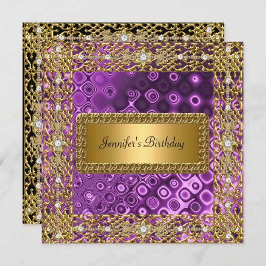 誕生日パーティー金ゴールドブラックパープル任意の年齢 招待状 (正面/裏面)