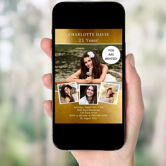 誕生日パーティー金ゴールド写真コラージュ 招待状