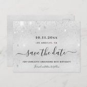 誕生日パーティー銀のグリッターメタル日付を保存 案内ポストカード (正面/裏面)