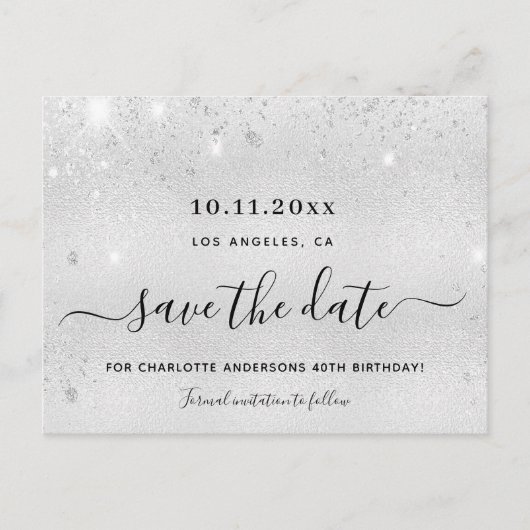 誕生日パーティー銀のグリッターメタル日付を保存 案内ポストカード (正面)