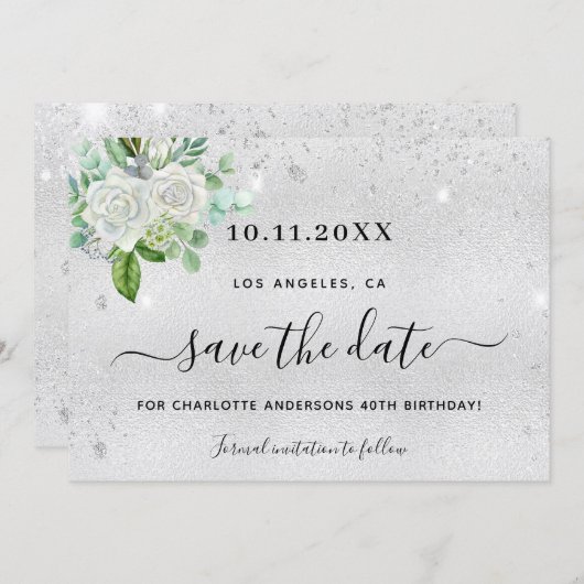 誕生日パーティー銀のフローラは日付を保存 セーブザデート (正面/裏面)