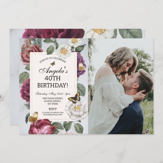 誕生日パーティー開花蝶フローラ写真 招待状 (正面/裏面)