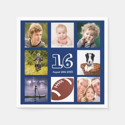 誕生日パーティー青い白い写真コラージュ少年 スタンダードカクテルナプキン (正面)