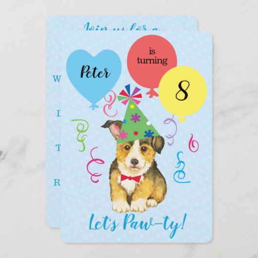誕生日パーティー風船ペンブロークウェルシュコーギー 招待状 (正面/裏面)