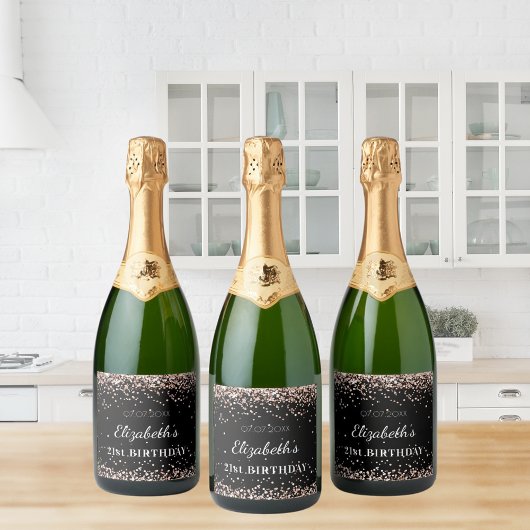 誕生日パーティー黒いバラ金ゴールドグリッター名 スパークリングワインラベル