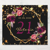 誕生日パーティー黒い星ブルゴーニュ花模様名 スパークリングワインラベル (シングルラベル)