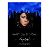 誕生日パーティー黒い王室の青いドリップスの写真名 ポスター (正面)