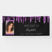 誕生日パーティー黒い紫のグリッター写真へようこそ 横断幕 (横)