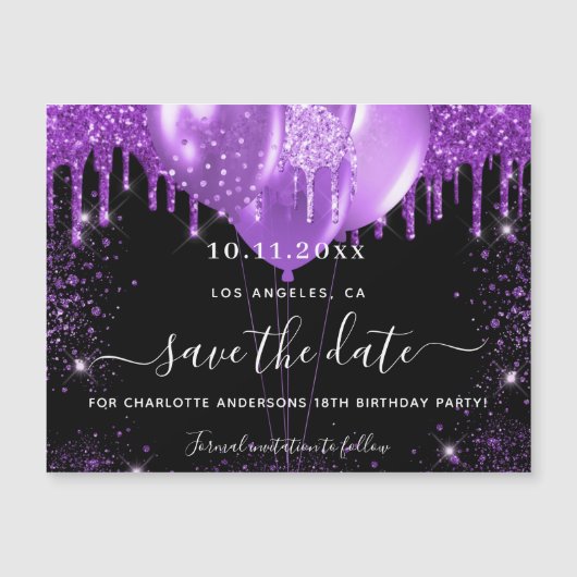 誕生日パーティー黒い紫の日付磁石を保存 (正面)