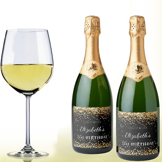 誕生日パーティー黒い金ゴールドグリッターダスト名 スパークリングワインラベル