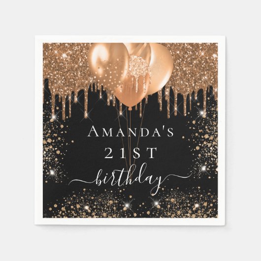 誕生日パーティー黒い金ゴールドグリッターバルーン名 スタンダードカクテルナプキン (正面)