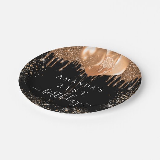 誕生日パーティー黒い金ゴールドグリッターバルーン名 ペーパープレート (アングル)