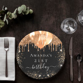 誕生日パーティー黒い金ゴールドグリッターバルーン名 ペーパープレート