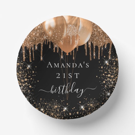 誕生日パーティー黒い金ゴールドグリッターバルーン名 ペーパーボウル (正面)