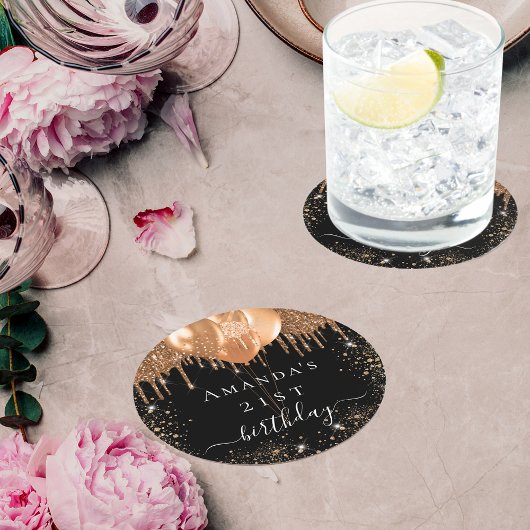 誕生日パーティー黒い金ゴールドグリッターバルーン名 ラウンドペーパーコースター