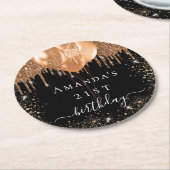 誕生日パーティー黒い金ゴールドグリッターバルーン名 ラウンドペーパーコースター (アングル)