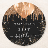 誕生日パーティー黒い金ゴールドグリッターバルーン名 ラウンドペーパーコースター (正面)