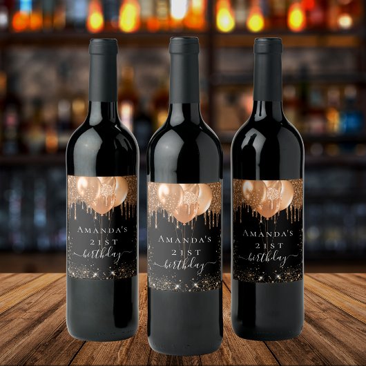 誕生日パーティー黒い金ゴールドグリッターバルーン名 ワインラベル