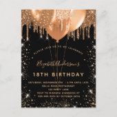 誕生日パーティー黒い金ゴールドグリッターバルーン インビテーションポストカード (正面)