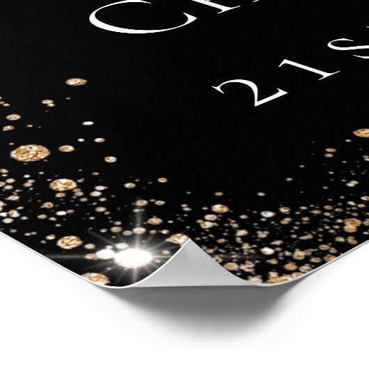 誕生日パーティー黒い金ゴールドグリッター写真へようこそ ポスター (角)