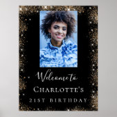 誕生日パーティー黒い金ゴールドグリッター写真へようこそ ポスター (正面)