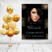 誕生日パーティー黒い金ゴールドグリッター写真へようこそ ポスター