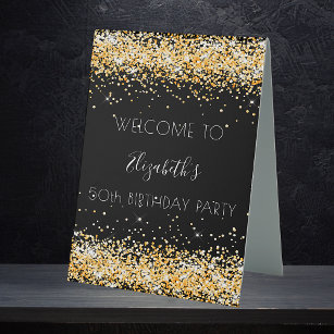 誕生日パーティー黒い金ゴールドグリッター歓迎 テーブルテントサイン