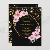 誕生日パーティー黒い金ゴールドスターフローラ招待 ポストカード (正面/裏面)
