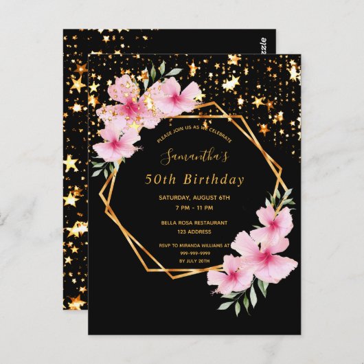 誕生日パーティー黒い金ゴールドスターフローラ招待 ポストカード (正面/裏面)