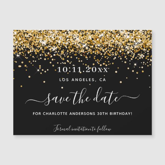 誕生日パーティー黒い金ゴールド日付磁石を保存 マグネット招待状 (正面)