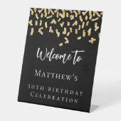 誕生日パーティー黒い金ゴールド紙吹雪歓迎 台座サイン (正面)