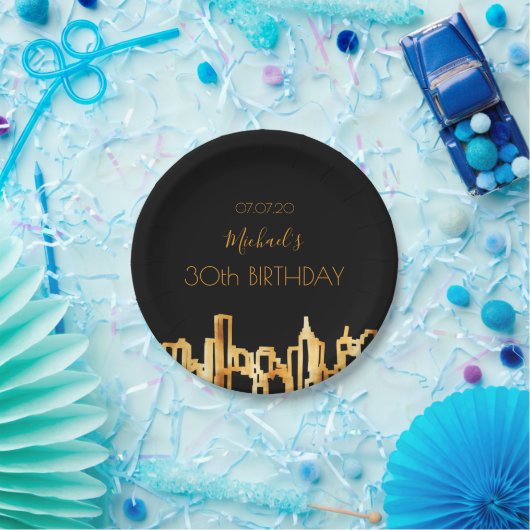 誕生日パーティー黒い金ゴールド都市スカイライン名 ペーパープレート (パーティー)
