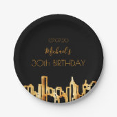 誕生日パーティー黒い金ゴールド都市スカイライン名 ペーパープレート (正面)