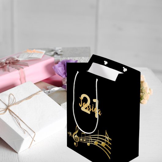 誕生日パーティー黒い金ゴールド音楽ノートmonogram ミディアムペーパーバッグ