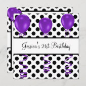 誕生日パーティー黒と白のスポット紫の風船 招待状 (正面/裏面)