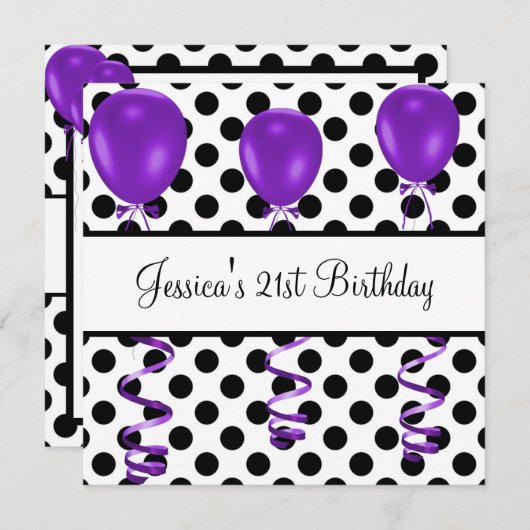 誕生日パーティー黒と白のスポット紫の風船 招待状 (正面/裏面)