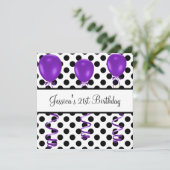 誕生日パーティー黒と白のスポット紫の風船 招待状 (スタンド正面)