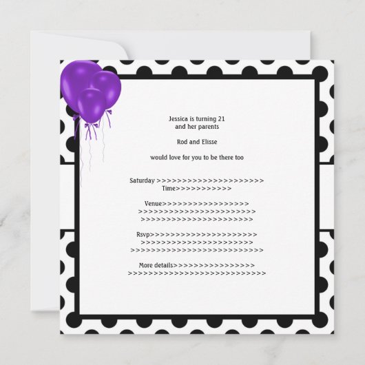誕生日パーティー黒と白のスポット紫の風船 招待状 (裏面)