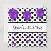 誕生日パーティー黒と白のスポット紫の風船 招待状 (正面)